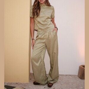 Pale Sage Green Jacquard Mandarin Collar Frog Button Top & Wide Leg Pants Set